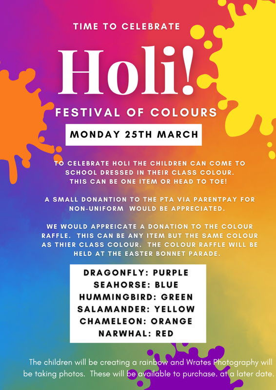 Image of PTA Event - Holi (Festival of Colours) - children to wear their assigned class colour